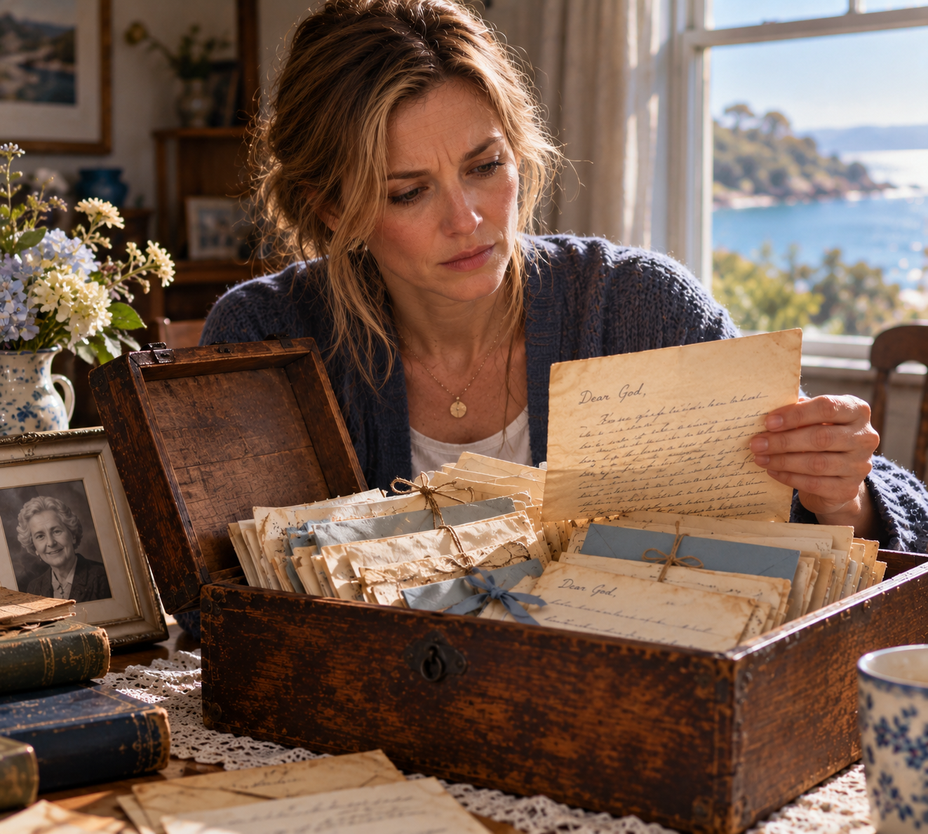 Nell Calloway reading Ruth's old letters beside a wooden letter box overlooking the coast
